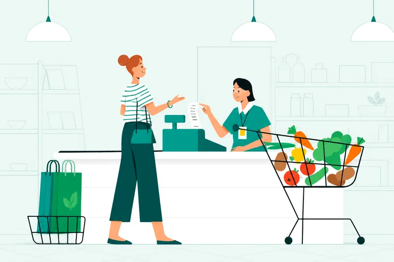 Illustration of a shopper checking out groceries at a store