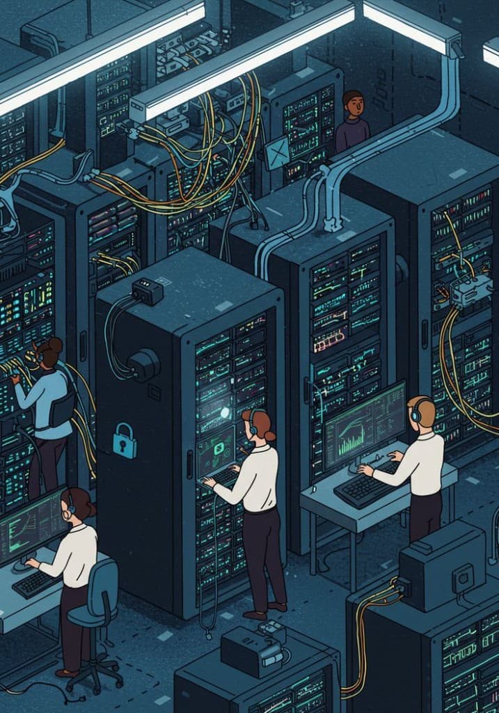 Technicians monitoring servers in a secure data center