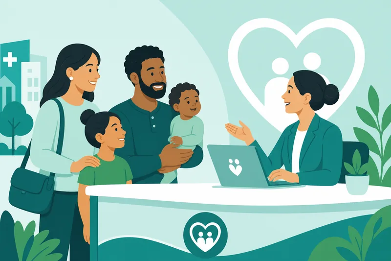 Family receiving help at a community benefits desk