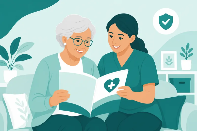 Senior and caregiver reviewing Medicare benefits together
